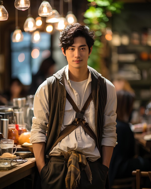 Young man Japanese barista looking good dripping coffee