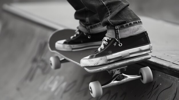 Photo a young man in jeans and sneakers skateboarding on a halfpipe