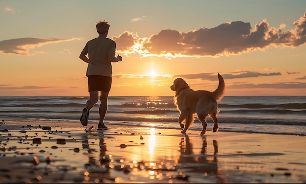 young man jogging on the beach with a golden retriever dog in silhouette at the sunset time