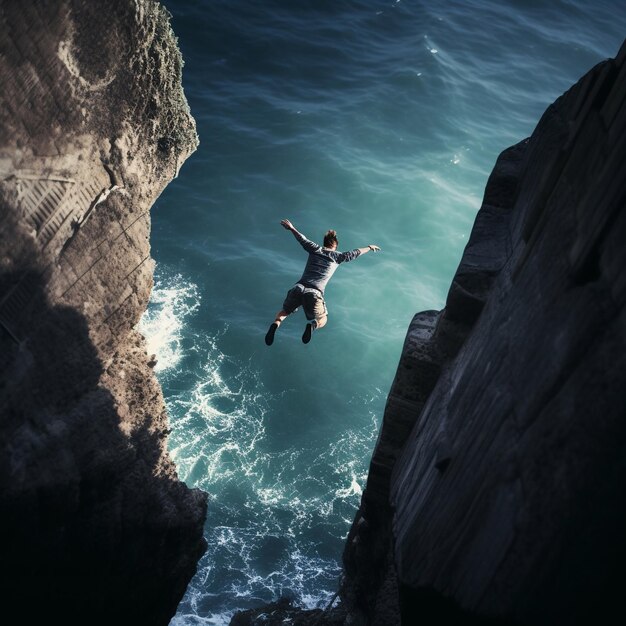 Young man jumping from a cliff into the sea Mixed media