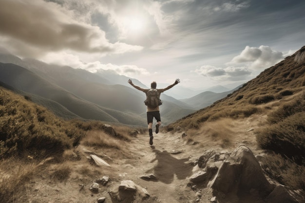 Молодой человек прыгает по горной тропе в горах Генеративный ИИ