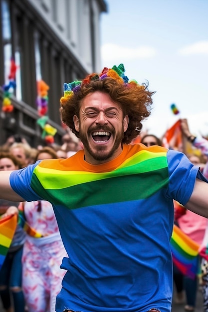 Young man jumps and dances during the demonstration for gender equality Happy boy with gay pride flag on shirt laughs looking at camera Concept of freedom and lifestyle