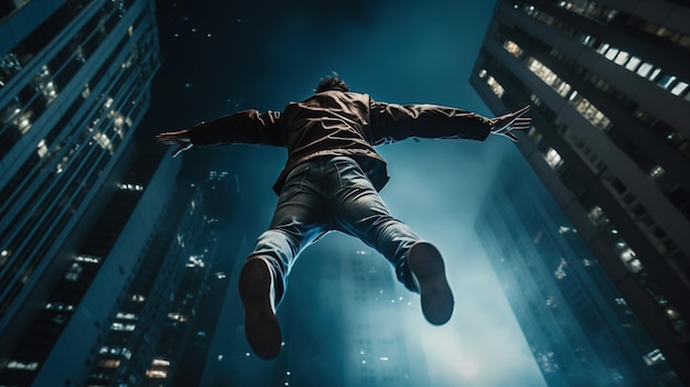 젊은 남자가 지붕에서 뛰어내린다 파쿠르 또는 액션 스턴트맨의 베이스 점핑 트릭
