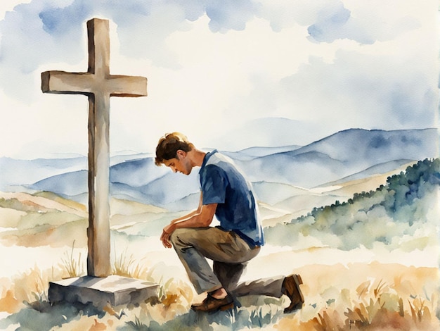 Young man kneeling and looking at the cross Digital watercolor painting