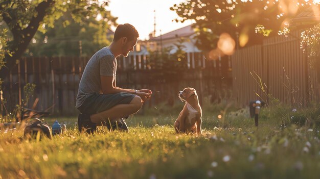 Photo a young man kneels in the grass in his backyard and looks at his puppy the sun is setting and the warm light casts a glow over the scene