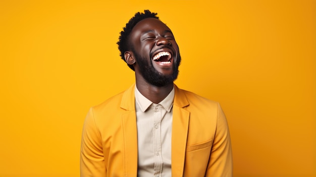 Young man laughs against a yellow background
