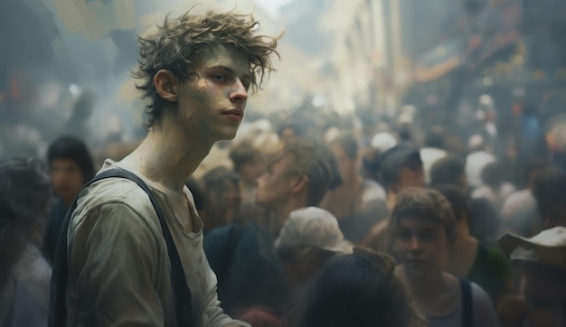Молодой человек ведет толпу на улице в кинематографическом стиле джанглпанк, сгенерированном искусственным интеллектом