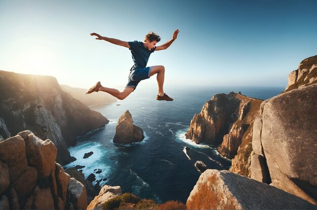 Photo a young man leaping from the top of a high rock