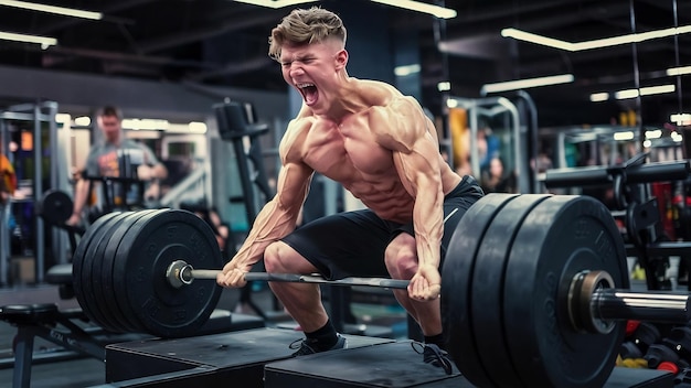 Young man lifting a barbell in gym