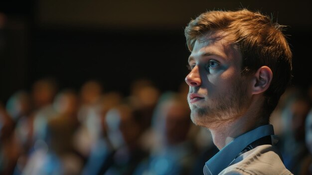 Photo a young man listening intently at a professional conference