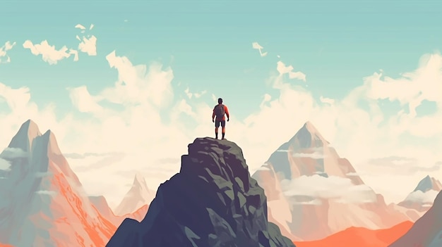 a young man looking at a big beautiful mountains generative AI