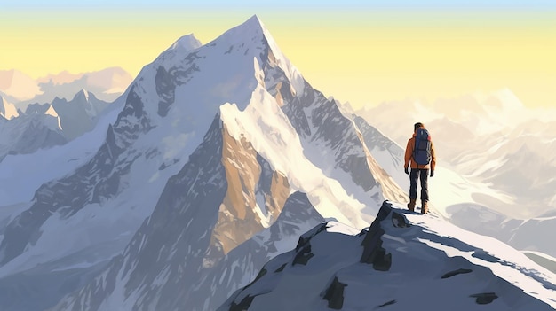 a young man looking at a big beautiful mountains generative AI