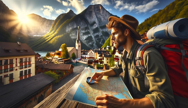 A young man looking at a map or a compass in a picturesque environment