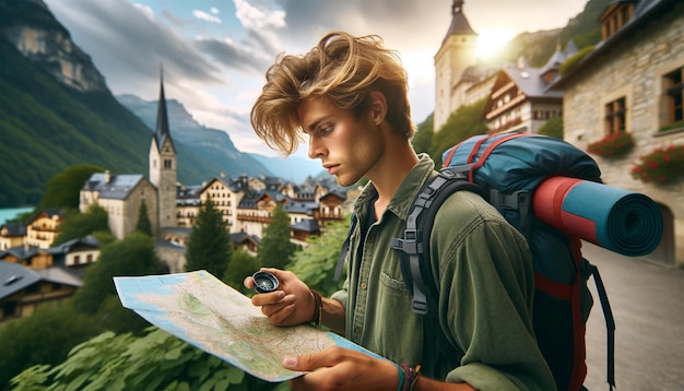 A young man looking at a map or a compass in a picturesque environment