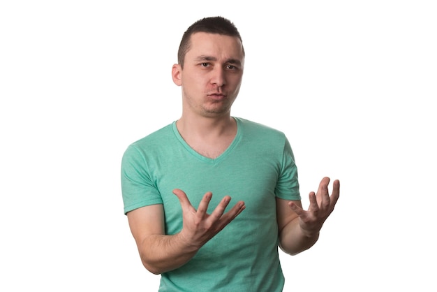 Young Man Looking Shocked And Surprised In Full Disbelief Hands Up In Air  Isolated On White Background