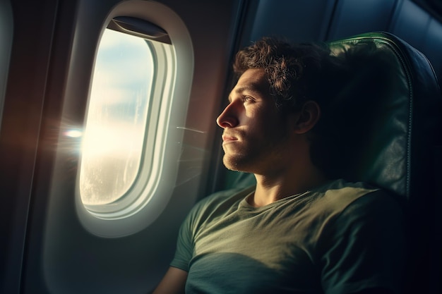 Young man looking through airplane window