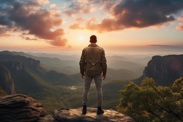 Young man looks at the sunset view standing on a rock in the mountain aesthetic look