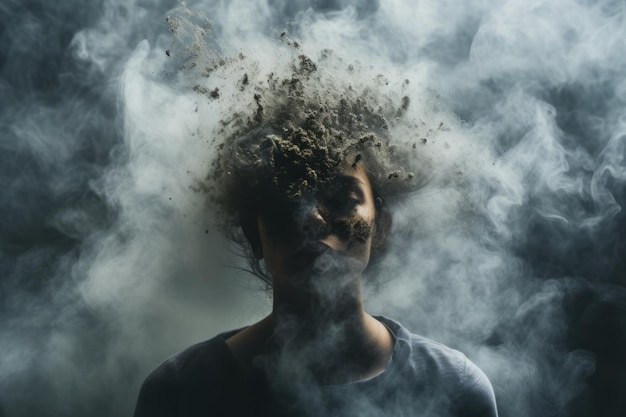 Фото Молодой человек, потерянный в тумане отчаяния, изображающий депрессию, зависимость, одиночество и психическое здоровье.