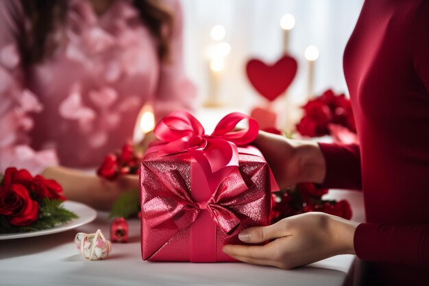 Young man in love tenderly hugs his girlfriend giving her a gift for Valentine's Day Happy couple