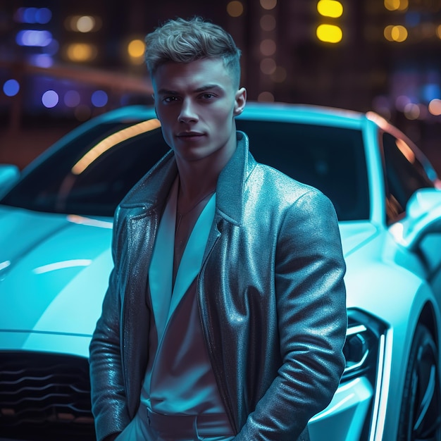 Young man next to luxury sport car Lifestyle shot with racing auto in neon light