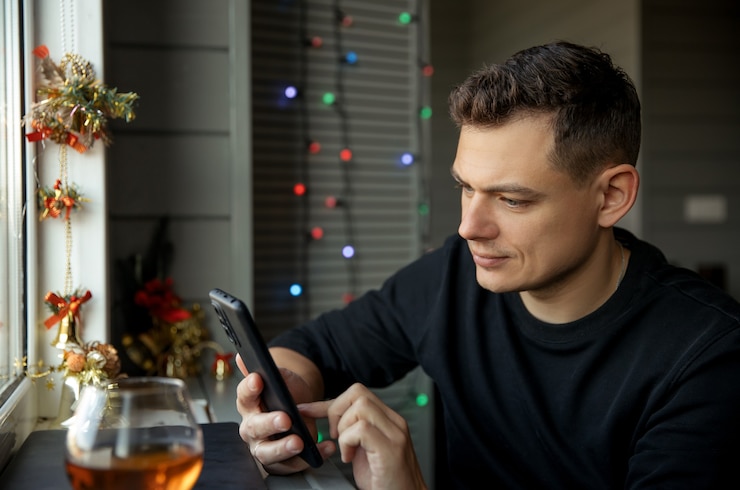 молодой человек делает заказ и покупает рождественские подарки через смартфон