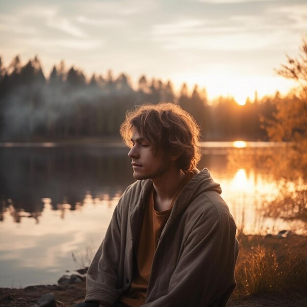 Photo young man meditating by the lake in nature