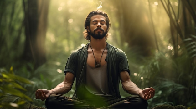 young man meditating in the forest