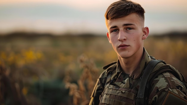 夕暮れの野原で立っている軍服を着た若い男 決意と義務の肖像画 思いやりのある表情 自然の光 外の環境 AI