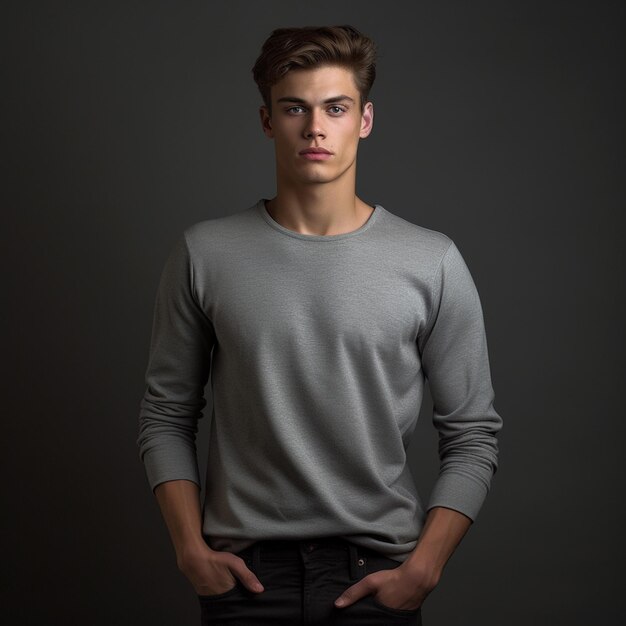 Young Man Model long sleaves with grey background indoor Studio