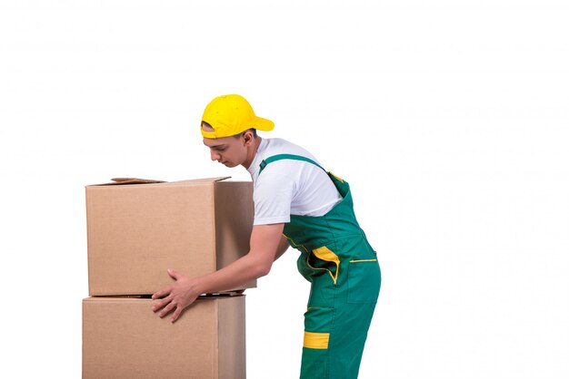 Photo young man moving boxes with cart isolated on white