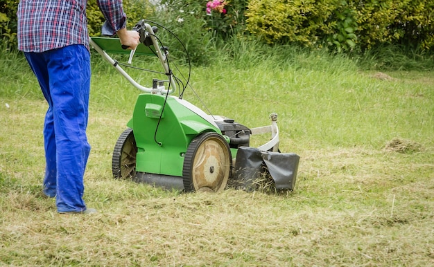 Young man mowing the lawn with a lawnmower