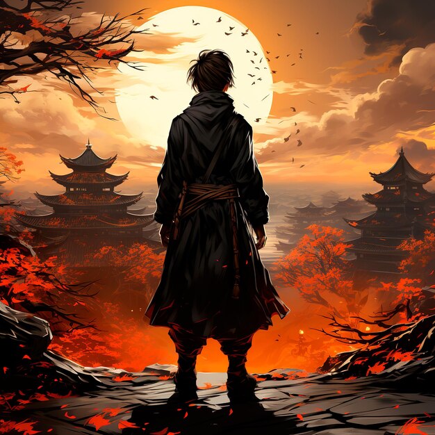 Premium Photo | Young man ninja anime boy full body with china monument  background