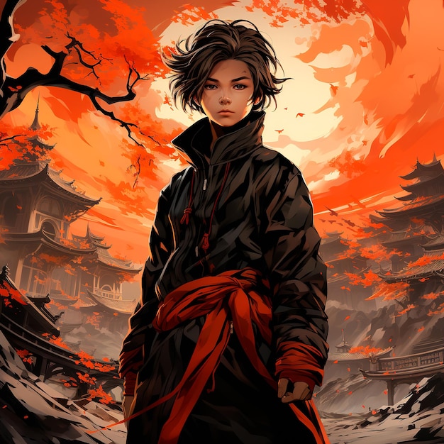 young man ninja anime boy full body with china monument background