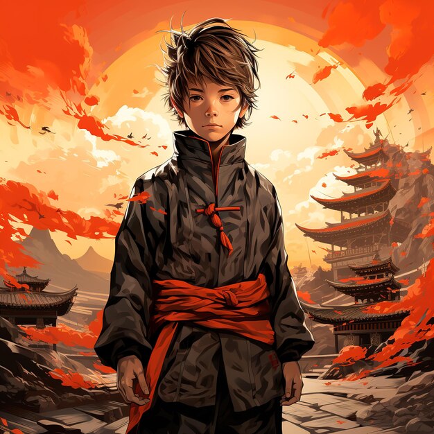 young man ninja anime boy full body with china monument background