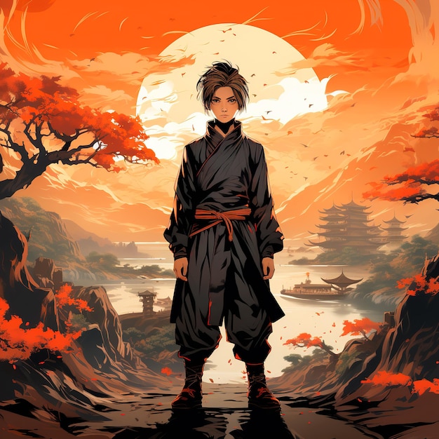 young man ninja anime boy full body with china monument background
