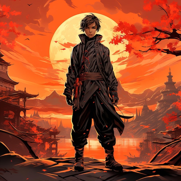 Photo young man ninja anime boy full body with china monument background