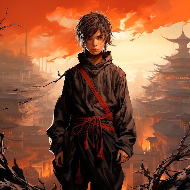 Photo young man ninja anime boy full body with china monument background