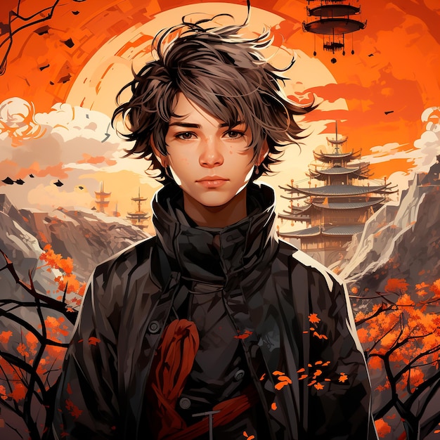 young man ninja anime boy full body with china monument background