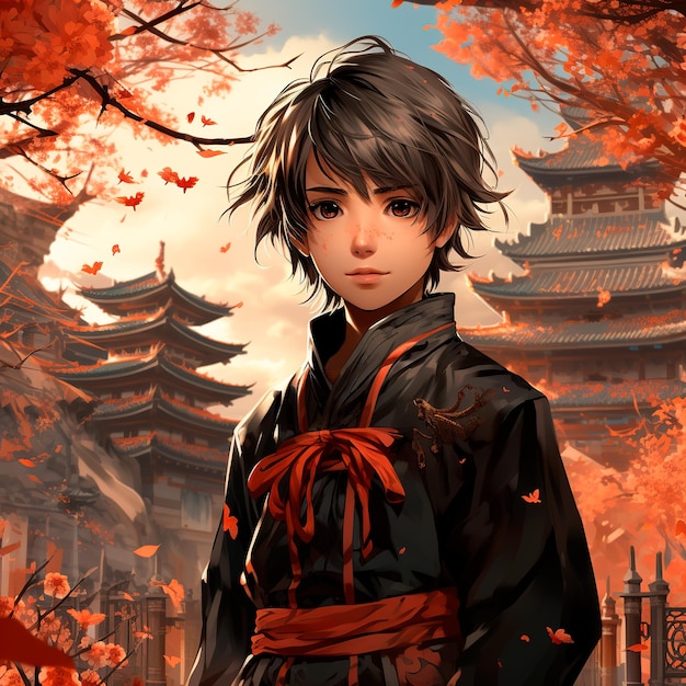 young man ninja anime boy full body with china monument background