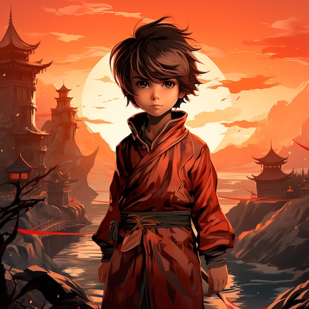 young man ninja anime boy full body with china monument background