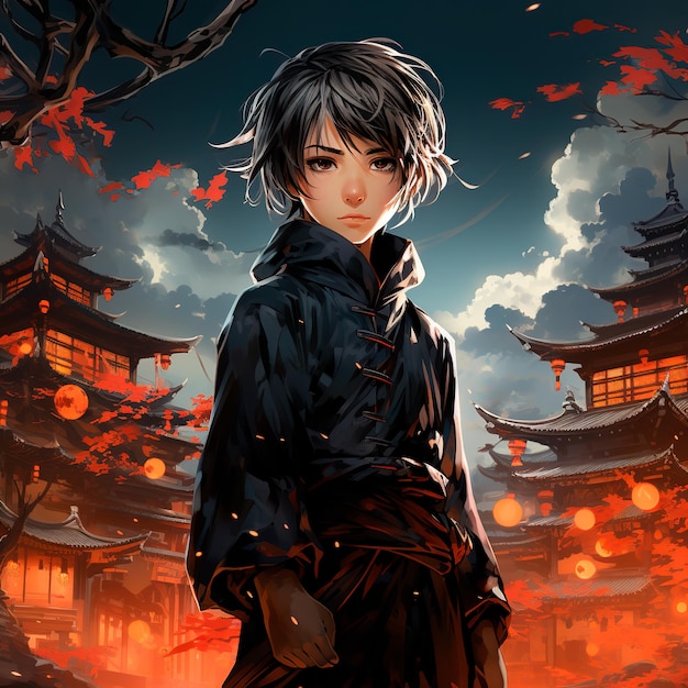 young man ninja anime boy full body with china monument background