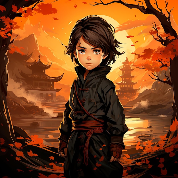 Young man ninja anime boy full body with china monument background