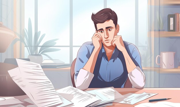 Молодой офисный работник сидит в офисе за столом и смотрит на документы и счета с замешательством.
