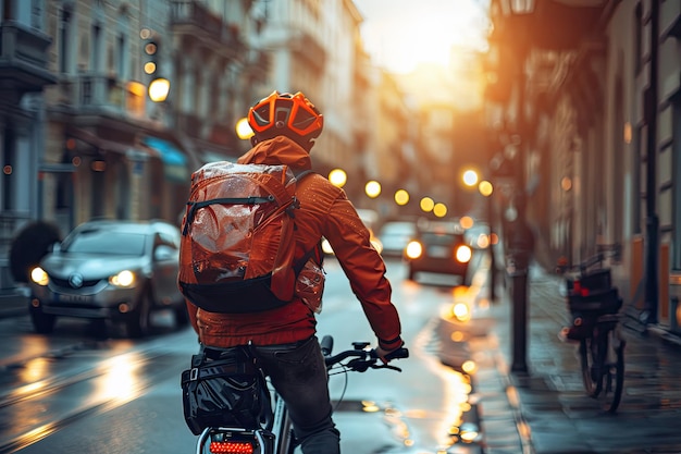 Photo a young man in an orange jacket on a bicycle delivers food to a customer