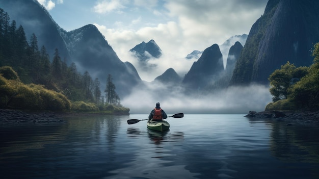 A young man paddles a kayak in a river surrounded by misty mountains