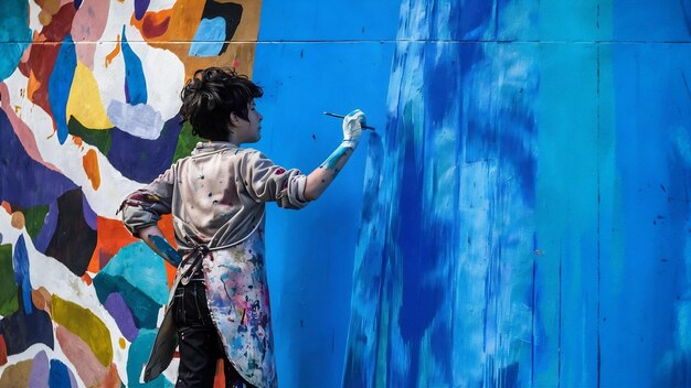 Young man painting a blue wall