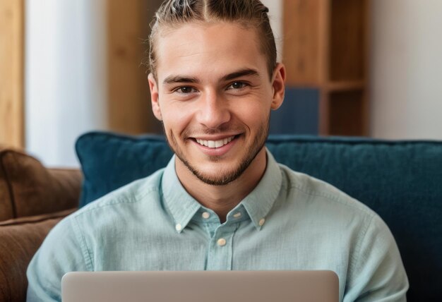 A young man in a pale blue shirt works on his laptop in a cozy home office setting looking content