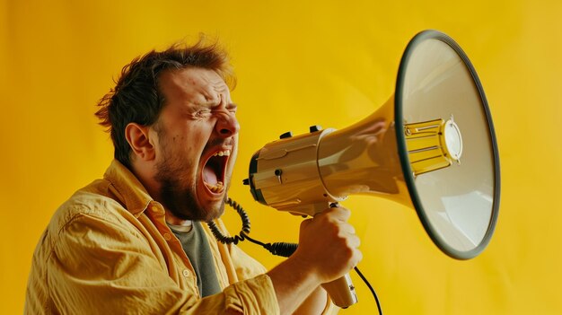 Photo young man passionately shouting into a megaphone set against a vibrant yellow background