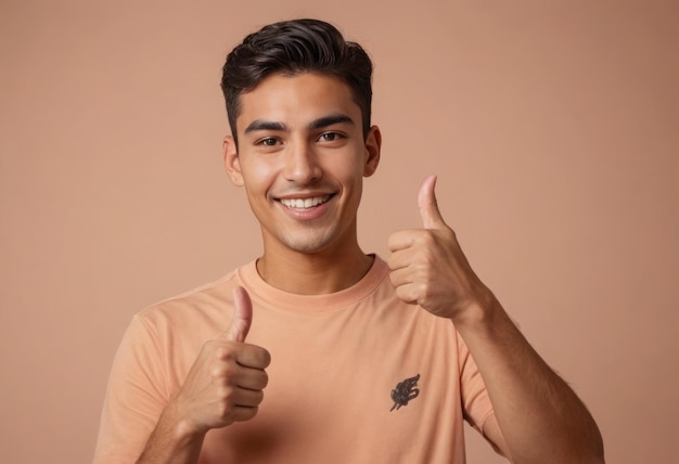 A young man in a peach shirt gives a casual thumbs up his friendly demeanor is inviting and warm