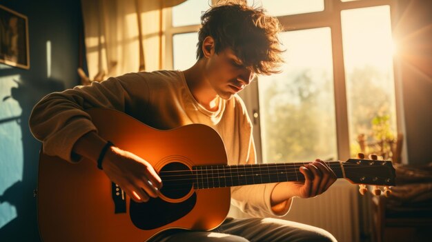 Young man playing acoustic guitar in a room Generative AI